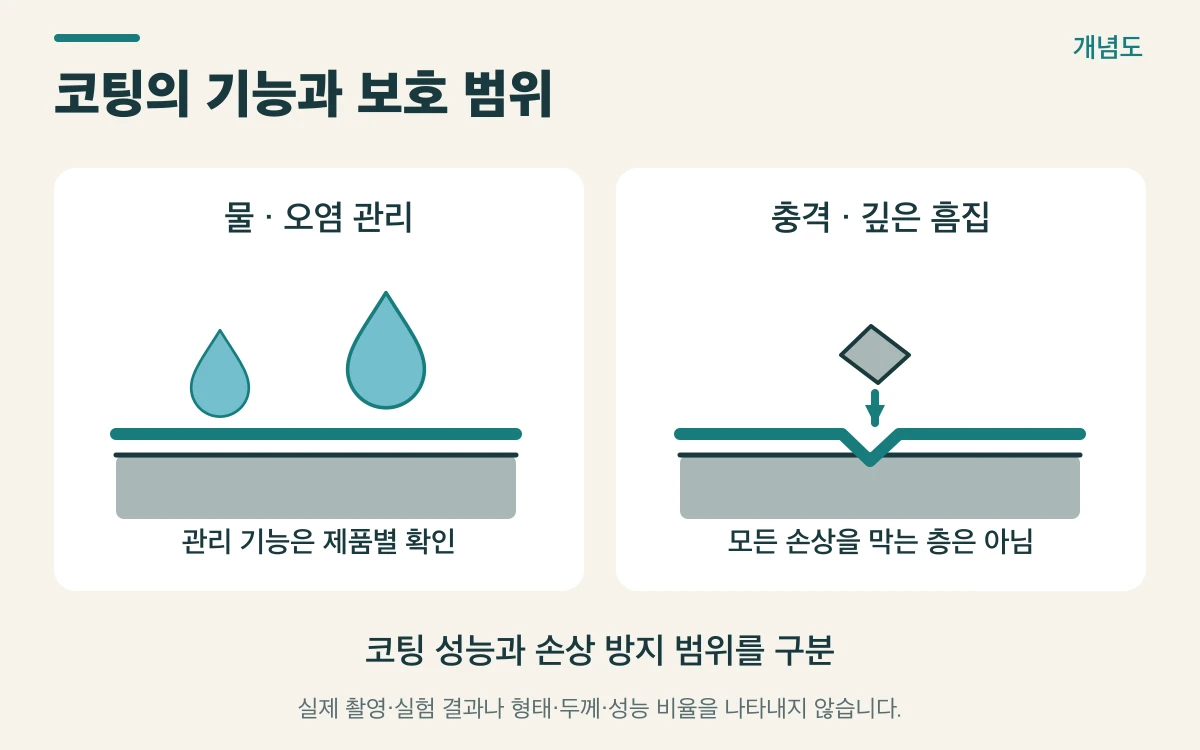 코팅의 기능과 보호 범위를 설명하는 개념도