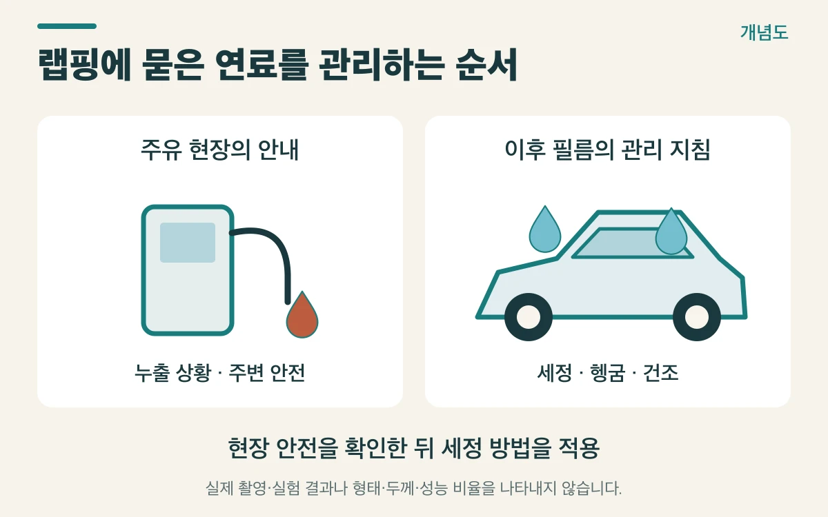 랩핑에 묻은 연료를 관리하는 순서를 설명하는 개념도