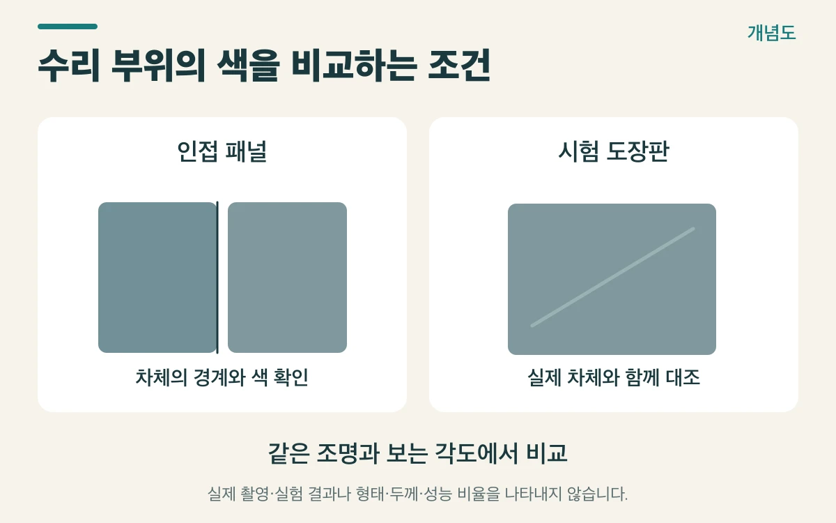 수리 부위의 색을 비교하는 조건를 설명하는 개념도