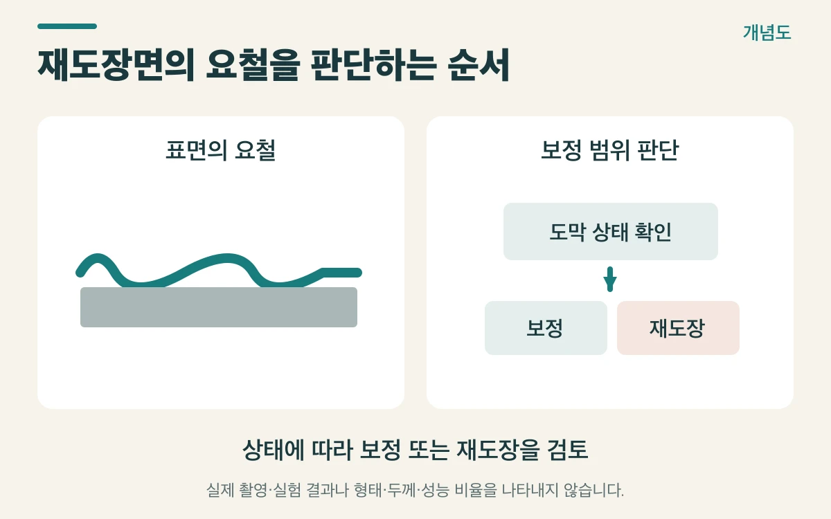 재도장면의 요철을 판단하는 순서를 설명하는 개념도