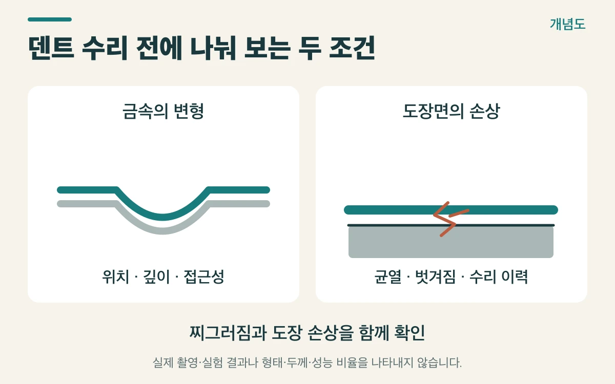 덴트 수리 전에 나눠 보는 두 조건를 설명하는 개념도