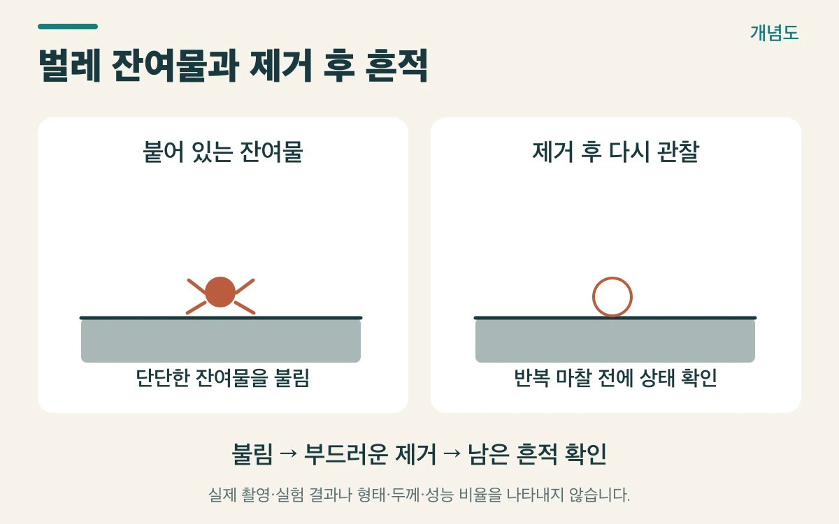 벌레 잔여물과 제거 후 흔적를 설명하는 개념도