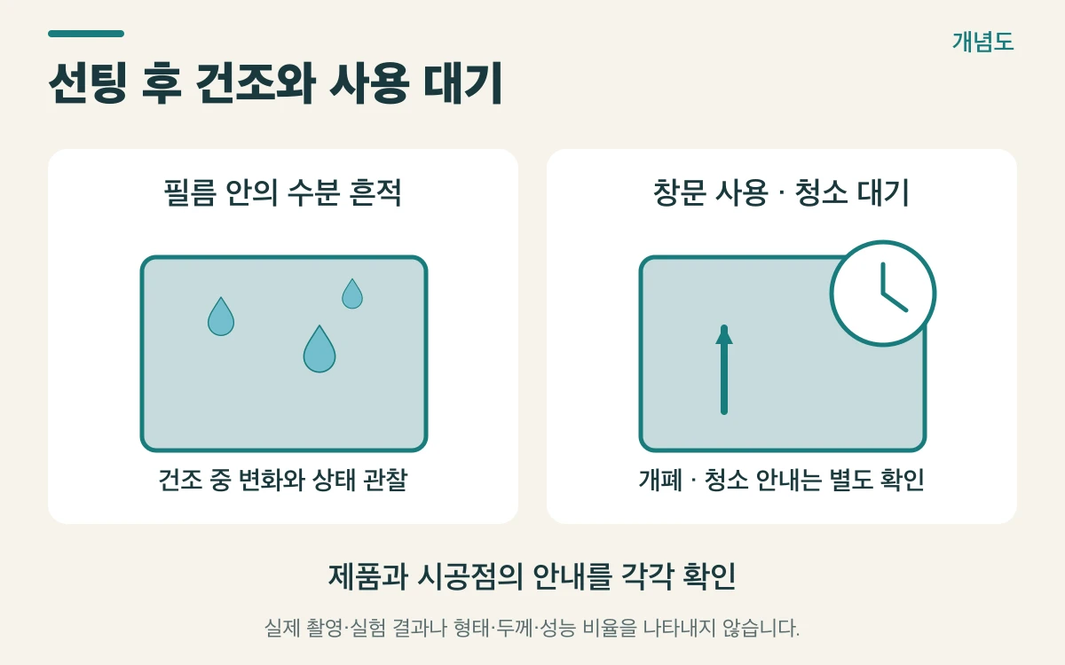 선팅 후 건조와 사용 대기를 설명하는 개념도