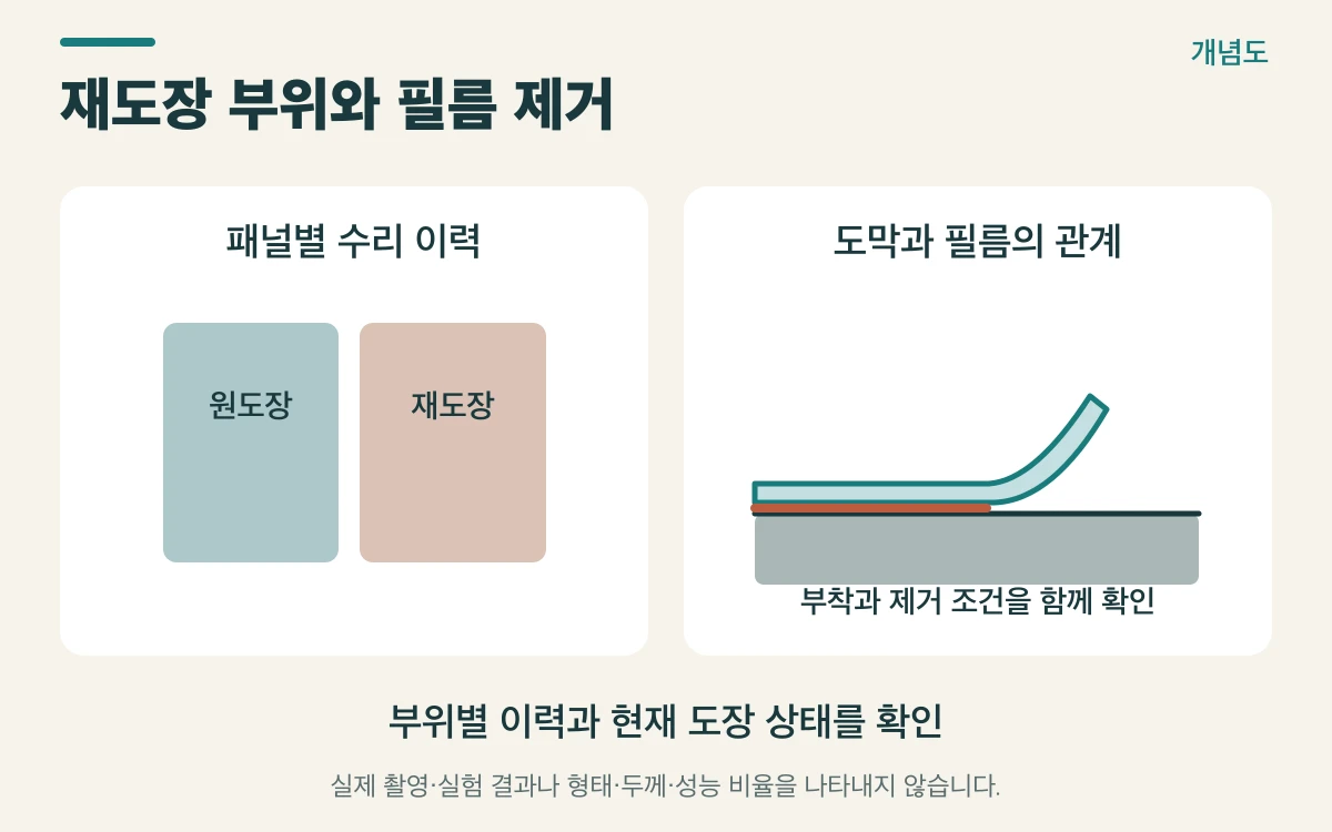 재도장 부위와 필름 제거를 설명하는 개념도